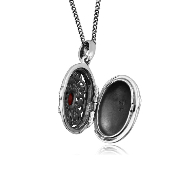 Gemondo Victorian Style Oval Cornelian & Marcasite Locket On Chain In Sterling Silver