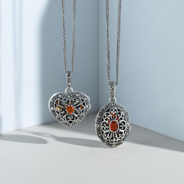 Gemondo Victorian Style Oval Cornelian & Marcasite Locket On Chain In Sterling Silver