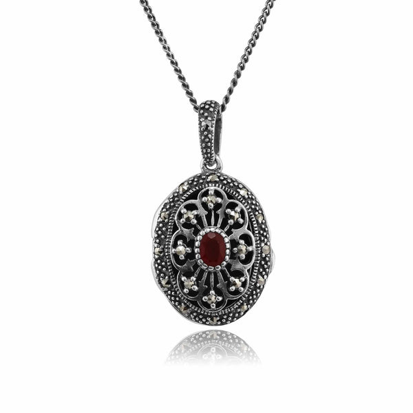 gemondo Victorian Style Oval Cornelian & Marcasite Locket on Chain in Sterling Silver