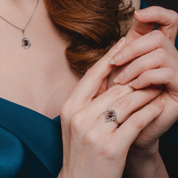 Gemondo Victorian Style Pear Garnet & Marcasite Garland Statement Ring In Silver