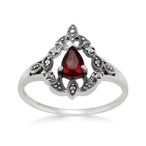 gemondo Victorian Style Pear Garnet & Marcasite Garland Statement Ring in Silver