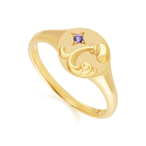 Gemondo Zodiac Amethyst Aquarius Signet Ring In 9ct Yellow Gold