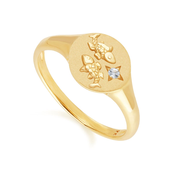Gemondo Zodiac Aquamarine Pisces Signet Ring In 9ct Yellow Gold
