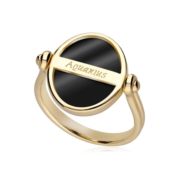 Gemondo Zodiac Black Onyx Aquarius Flip Ring In 18ct Gold Plated Silver