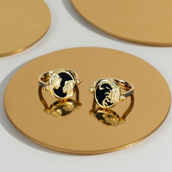 Gemondo Zodiac Black Onyx Gemini Flip Ring In 18ct Gold Plated Silver