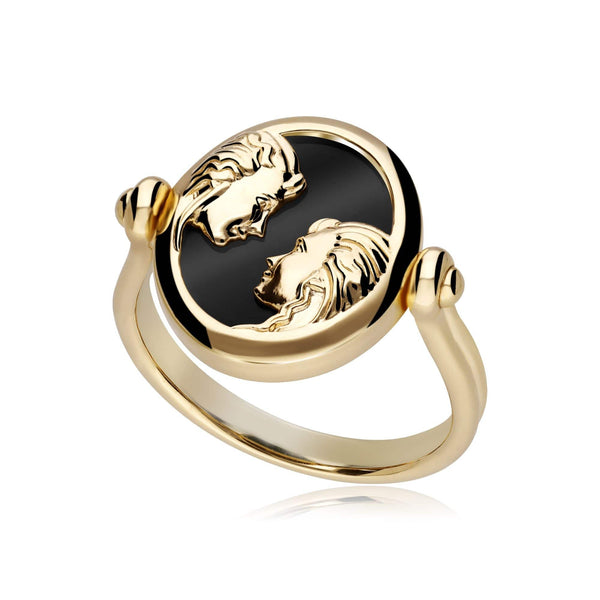 gemondo Zodiac Black Onyx Gemini Flip Ring in 18ct Gold Plated Silver