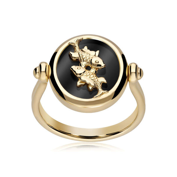 Gemondo Zodiac Black Onyx Pisces Flip Ring In 18ct Gold Plated Silver