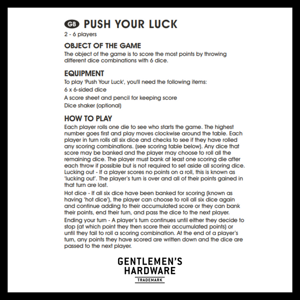 Gentlemen's Hardware Push Your Luck Dice Game