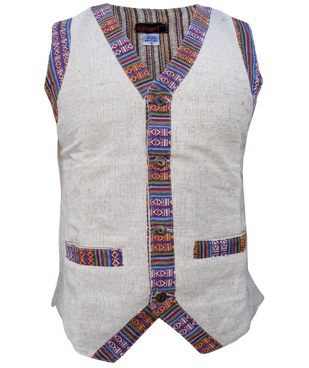 Gheri Contrast Border Boho Single Breasted Cotton Hemp Waist Coat Grey