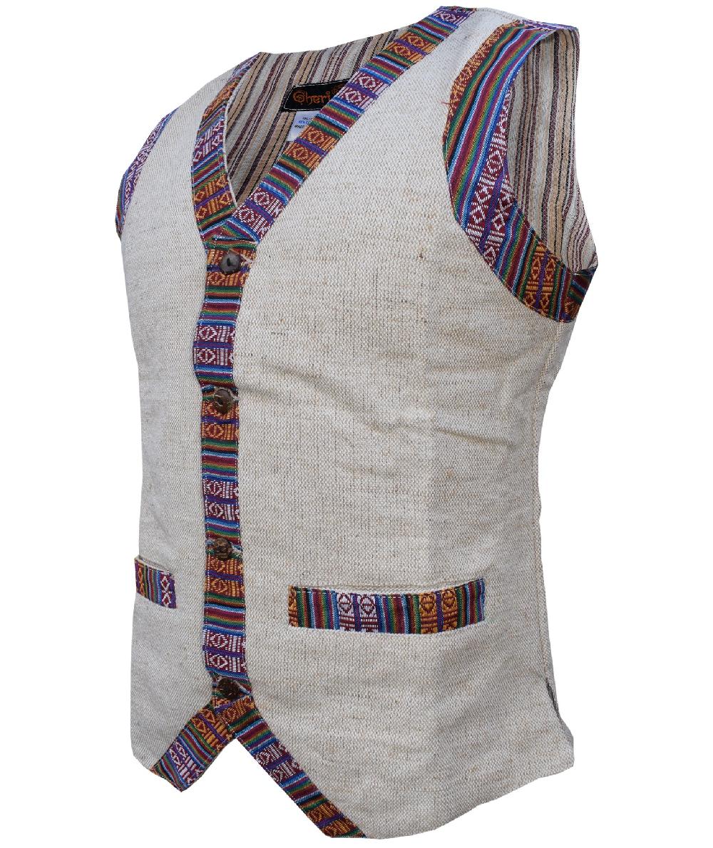 Gheri Contrast Border Boho Single Breasted Cotton Hemp Waist Coat Grey