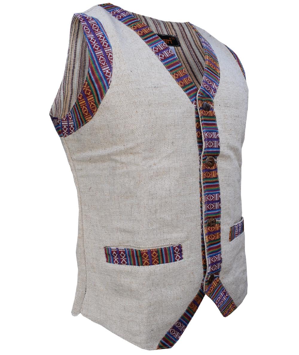 Gheri Contrast Border Boho Single Breasted Cotton Hemp Waist Coat Grey