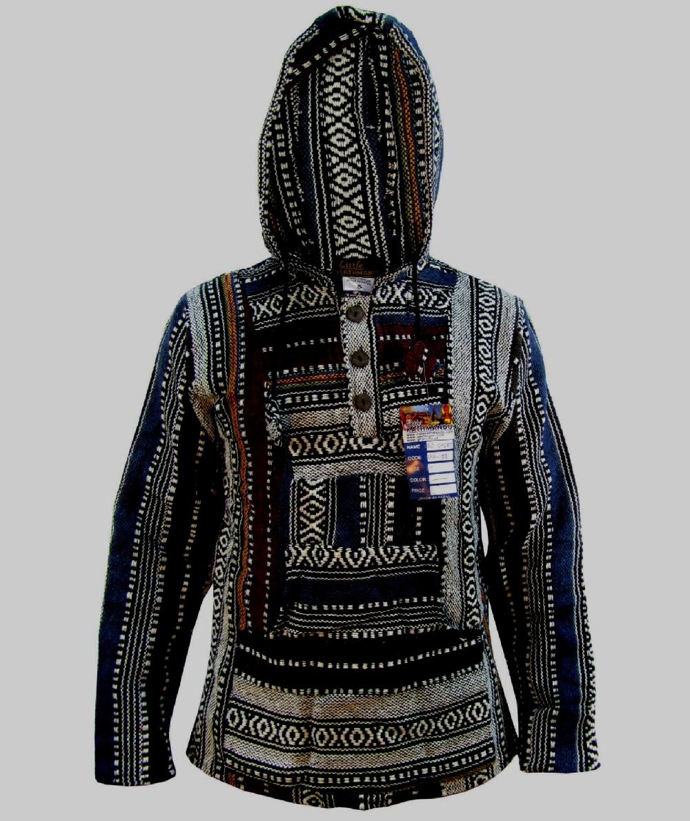 gheri Cotton Multicolored Ethnic Baja Hoody Turquoise Mix