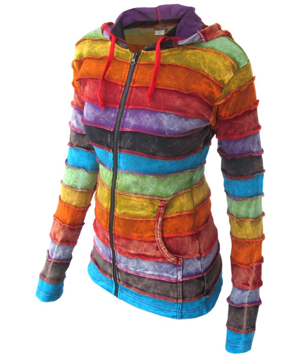 Gheri Cotton Rainbow Striped Stonewashed Ribs Hoody