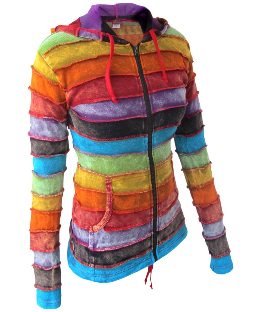 Gheri Cotton Rainbow Striped Stonewashed Ribs Hoody
