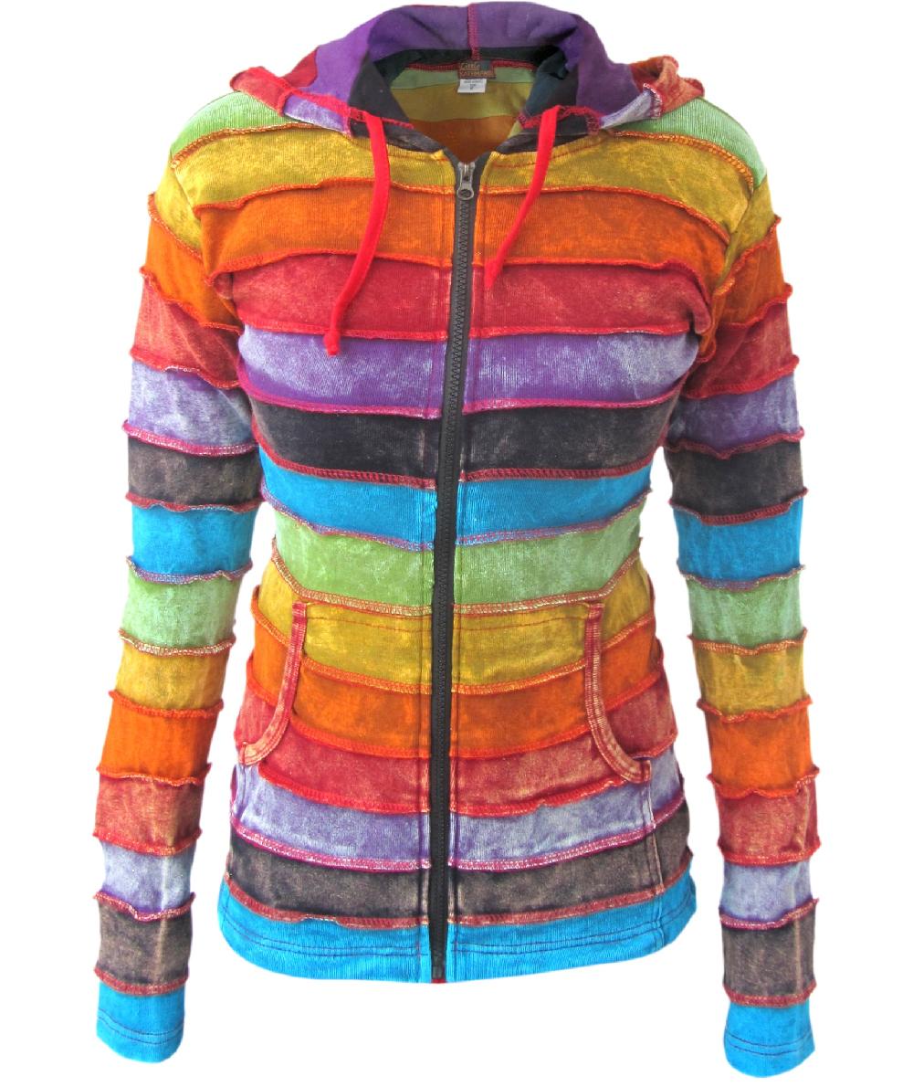 gheri Cotton Rainbow Striped Stonewashed Ribs Hoody
