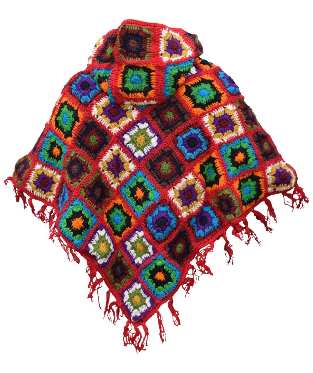 Gheri Crocheted Patchwork Wool Poncho Red