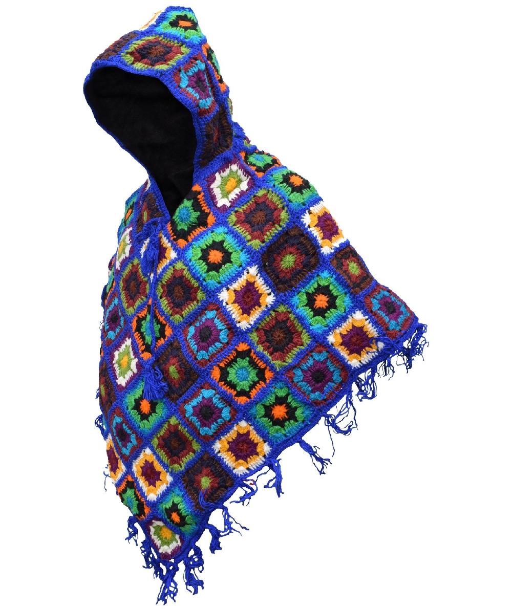 Gheri Crocheted Patchwork Wool Poncho Red