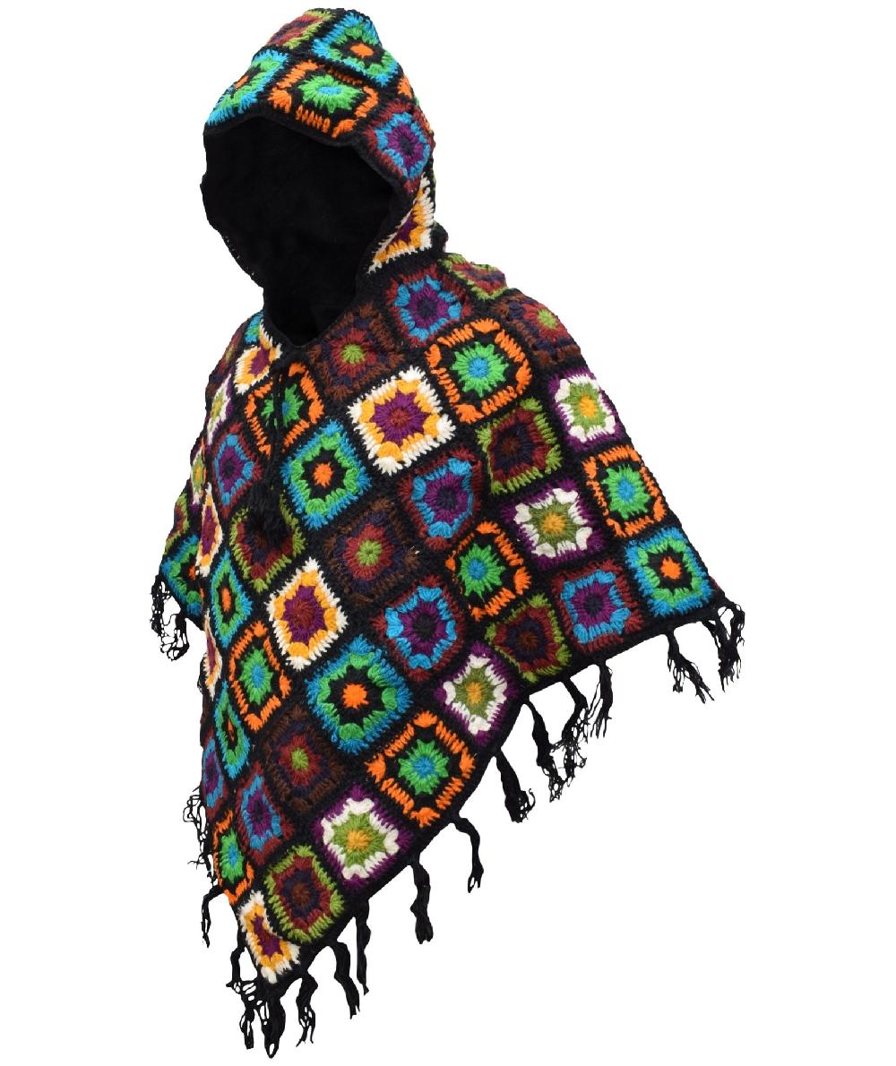 Gheri Crocheted Patchwork Wool Poncho Red