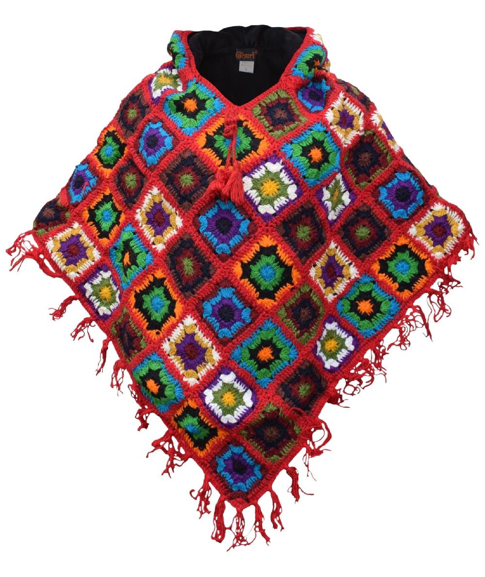 gheri Crocheted Patchwork Wool Poncho Red