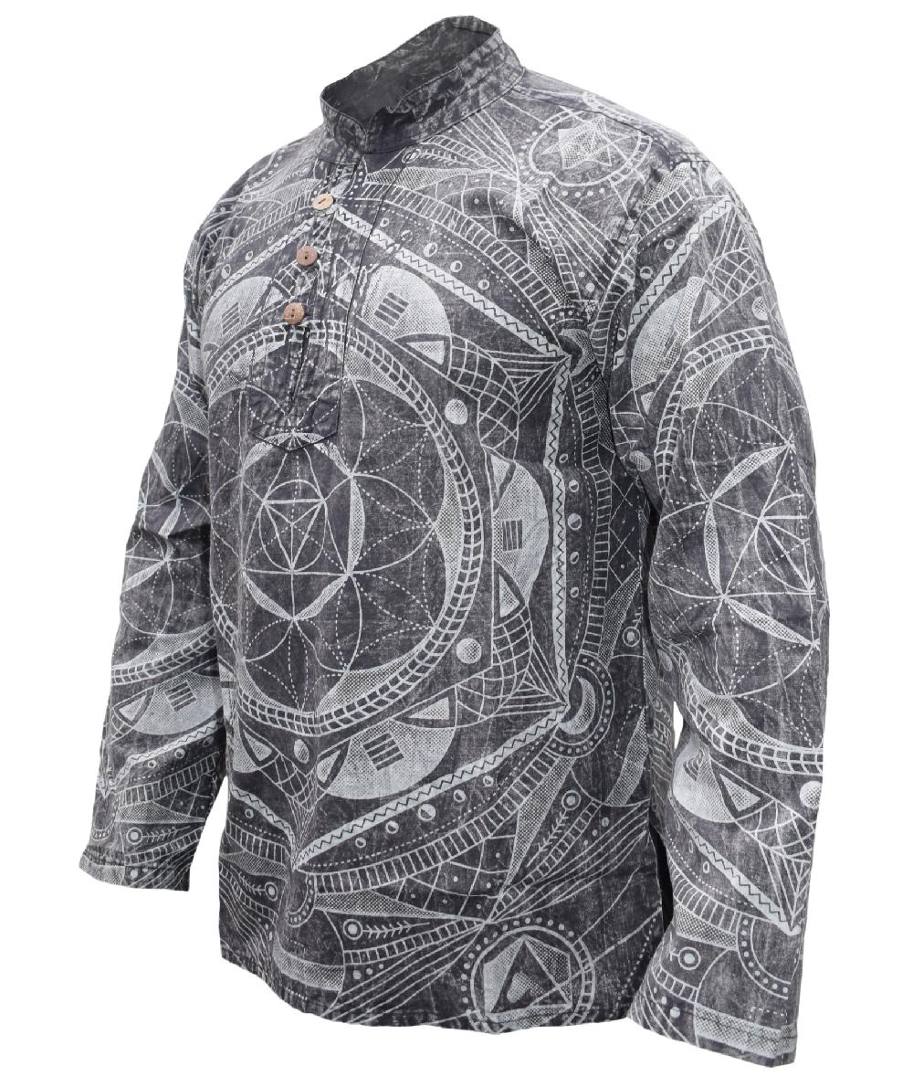 Gheri Mandala Print Grandad Shirt Washed Black