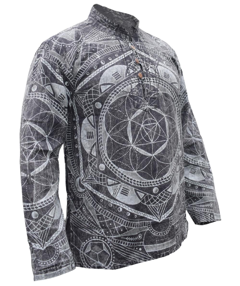 Gheri Mandala Print Grandad Shirt Washed Black
