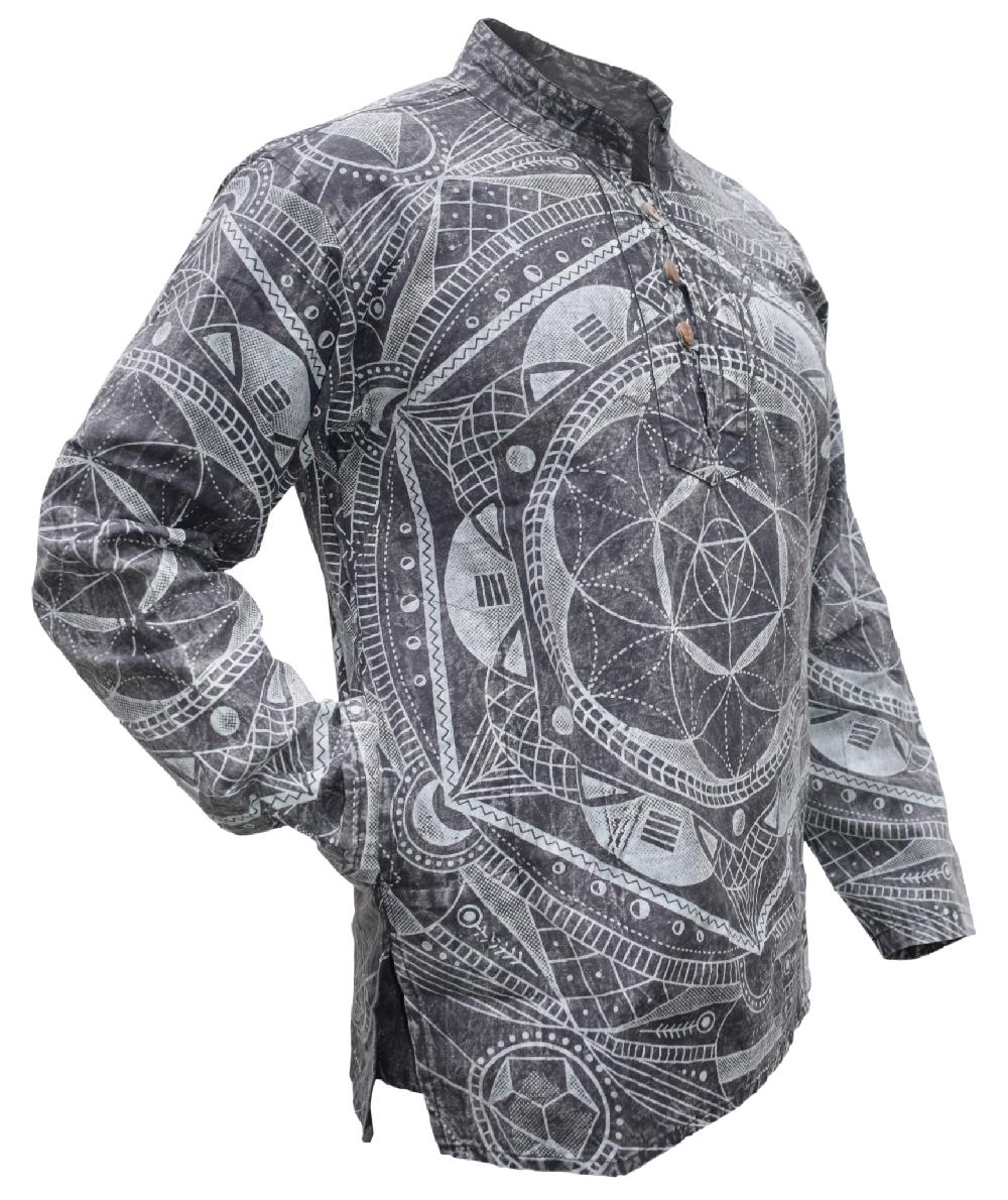 Gheri Mandala Print Grandad Shirt Washed Black