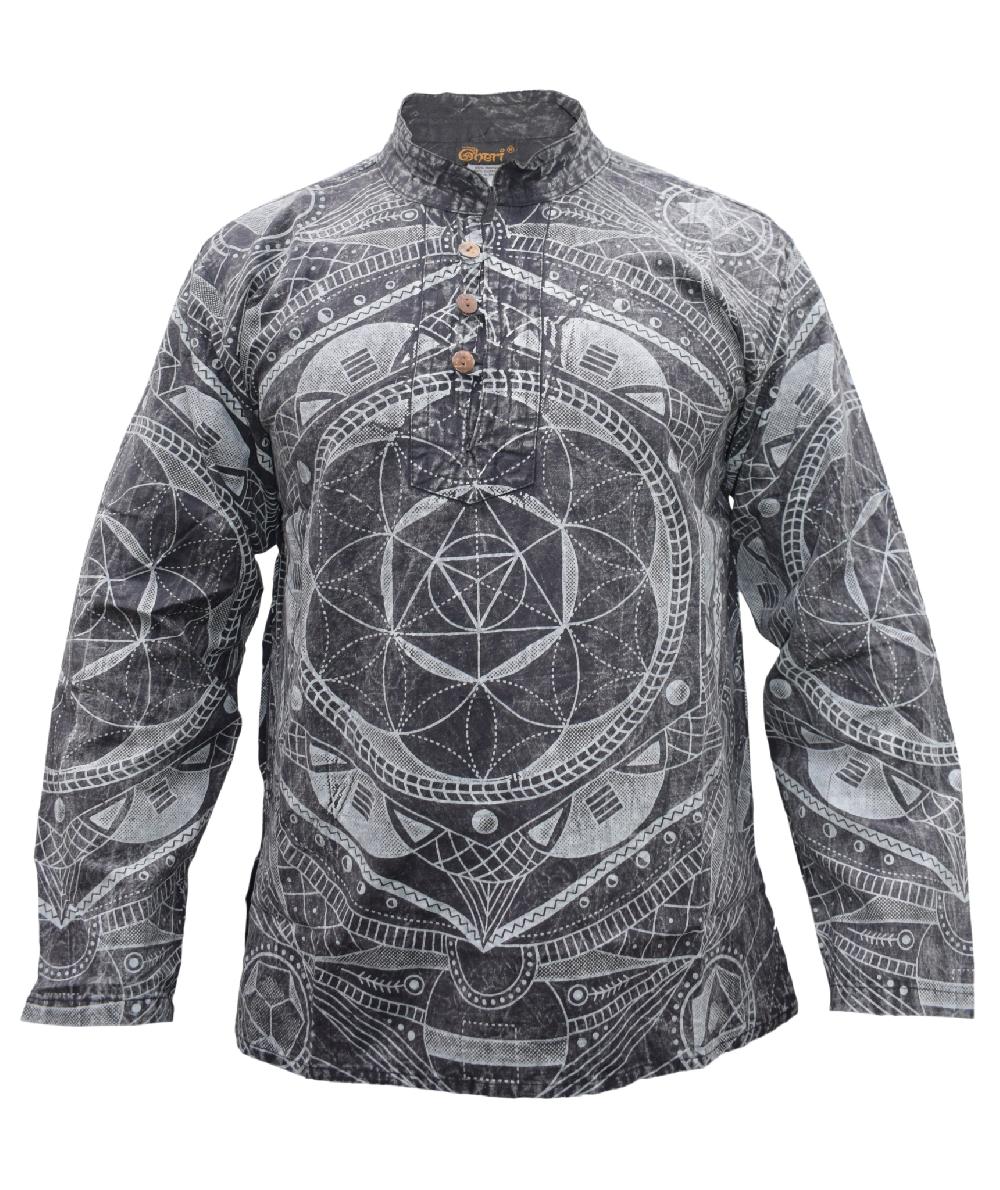 gheri Mandala Print Grandad Shirt Washed Black