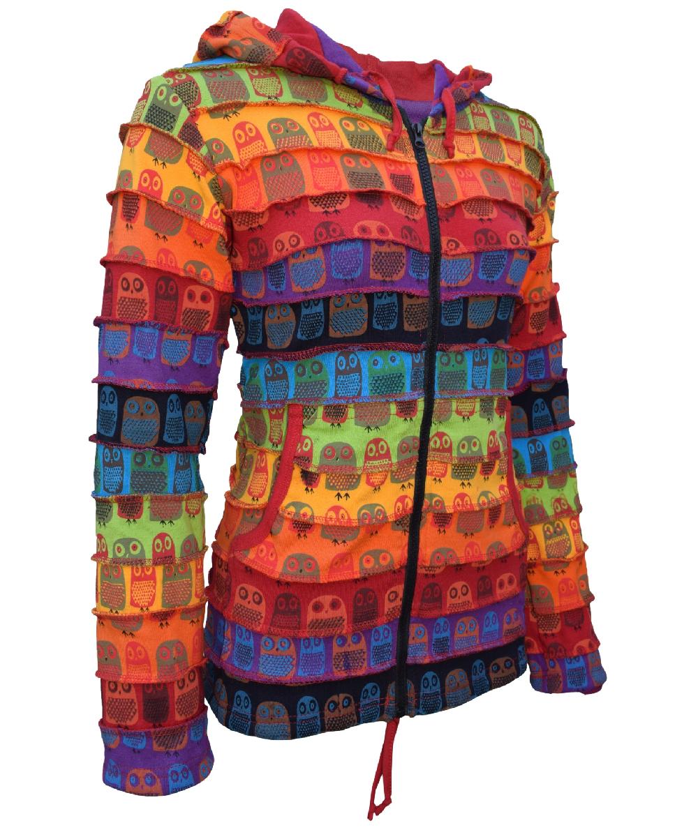 Gheri Owl Printed Patchwork Psychedelic Ribs Hoody