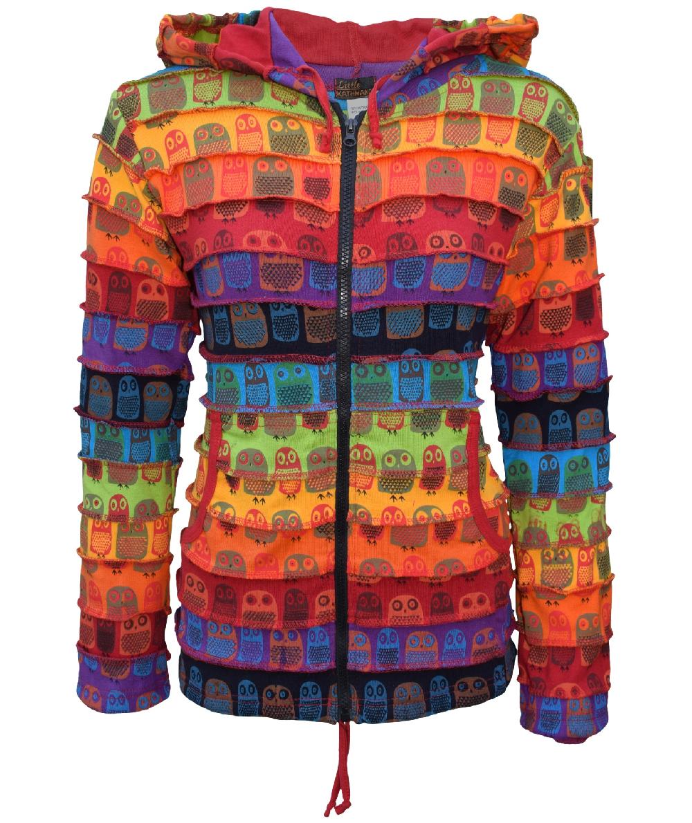 gheri Owl Printed Patchwork Psychedelic Ribs Hoody