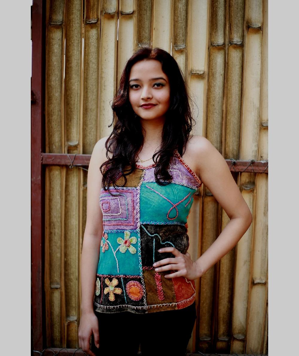 gheri Patchwork Embroidery Stonewashed Tank Top