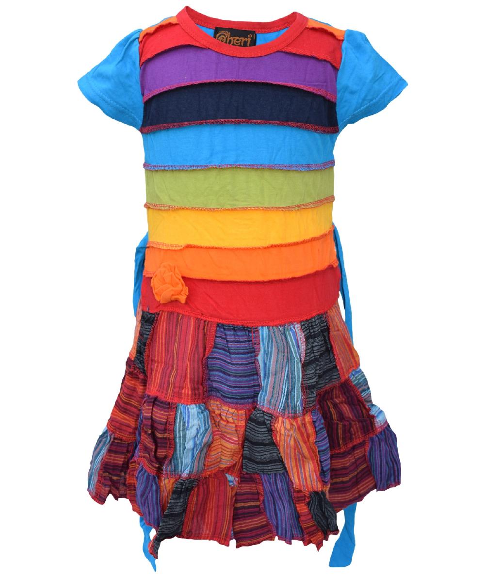 Gheri Girls Tie Back Rainbow Stripe Patchwork Dress