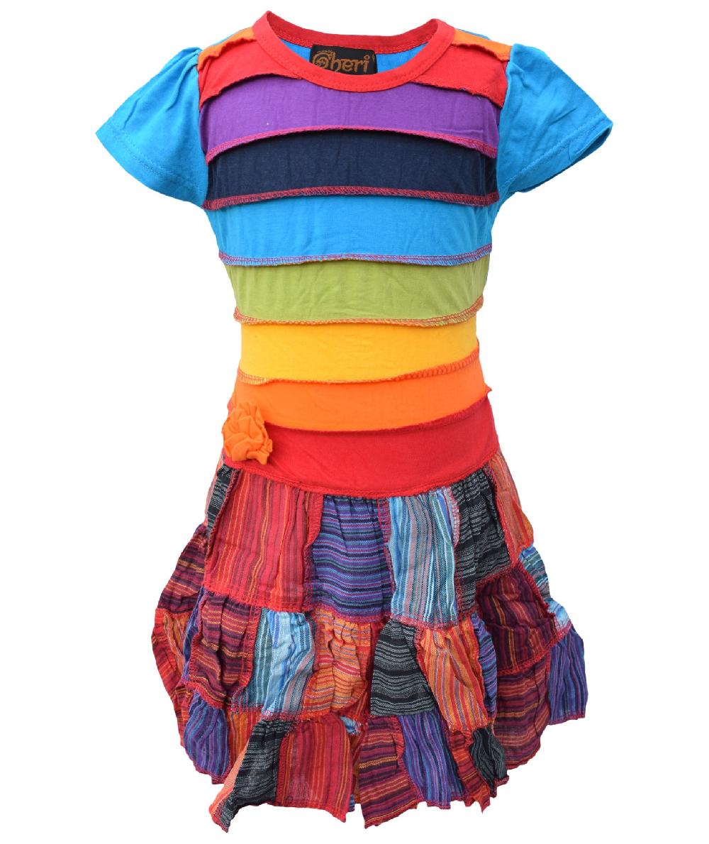 Gheri Girls Tie Back Rainbow Stripe Patchwork Dress