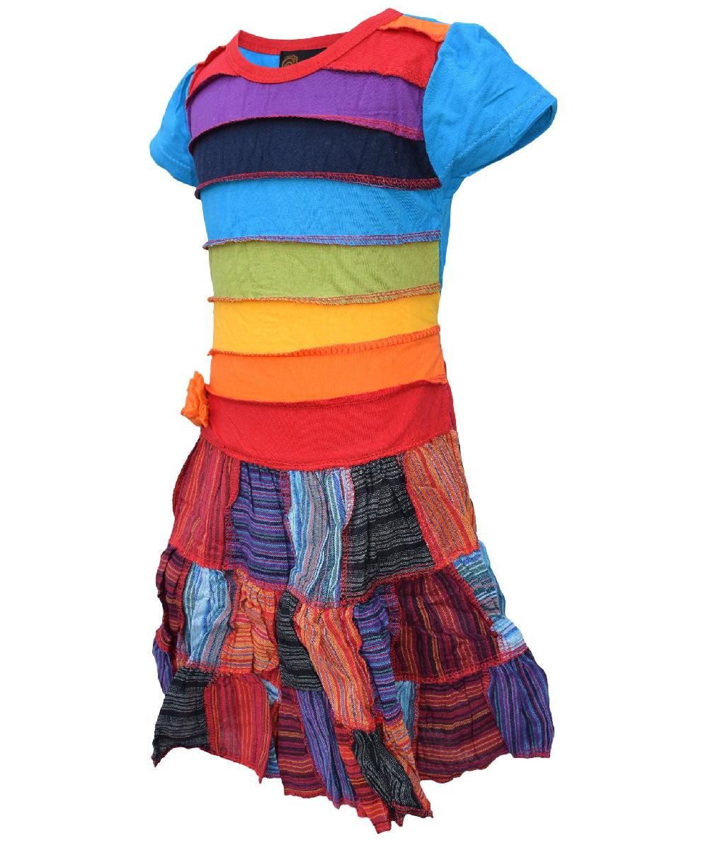 Gheri Girls Tie Back Rainbow Stripe Patchwork Dress