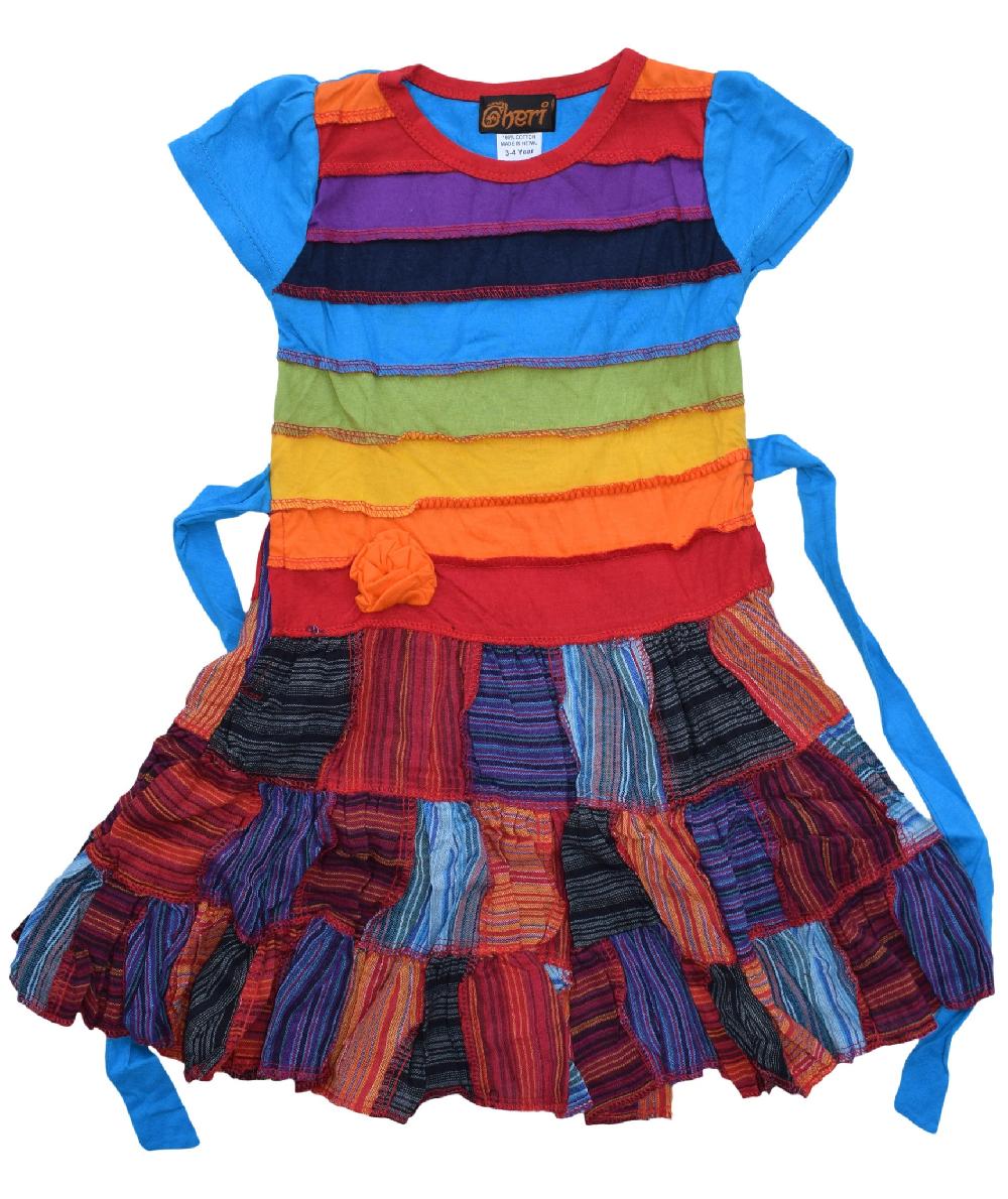gheri Girls Tie Back Rainbow Stripe Patchwork Dress