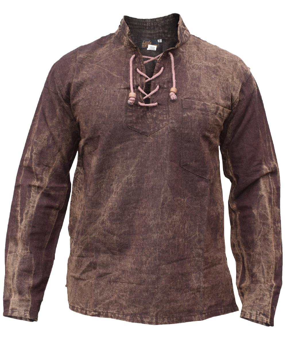 Gheri Hemp Cotton Lace Up V Neck Grandad Shirt Stonewashed Brown