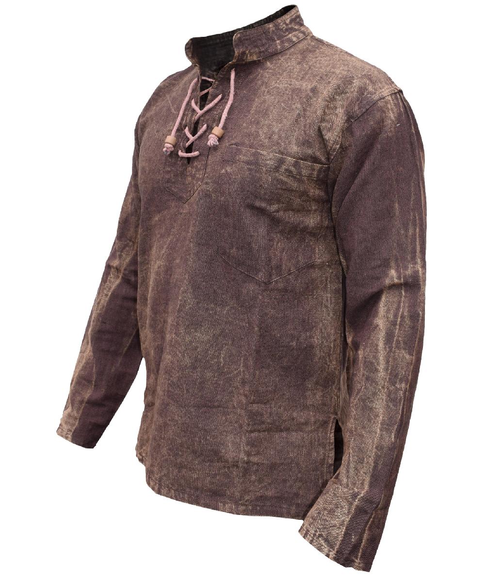 Gheri Hemp Cotton Lace Up V Neck Grandad Shirt Stonewashed Brown