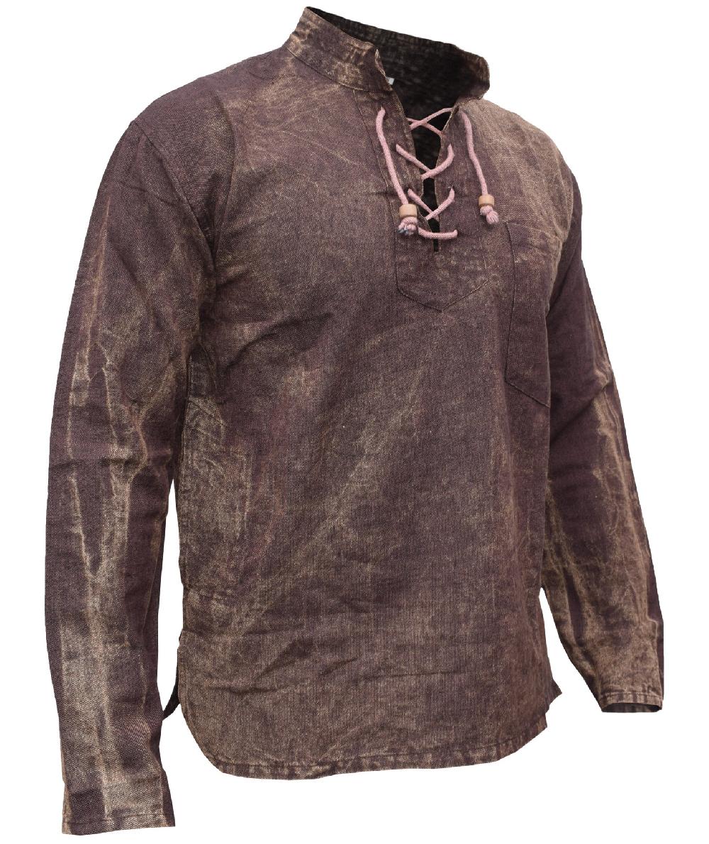 Gheri Hemp Cotton Lace Up V Neck Grandad Shirt Stonewashed Brown