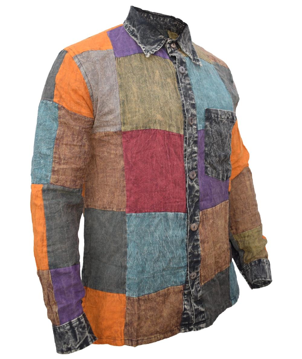 Gheri Long Sleeve Hippy Collar Shirt Plain Patchwork Multicolor
