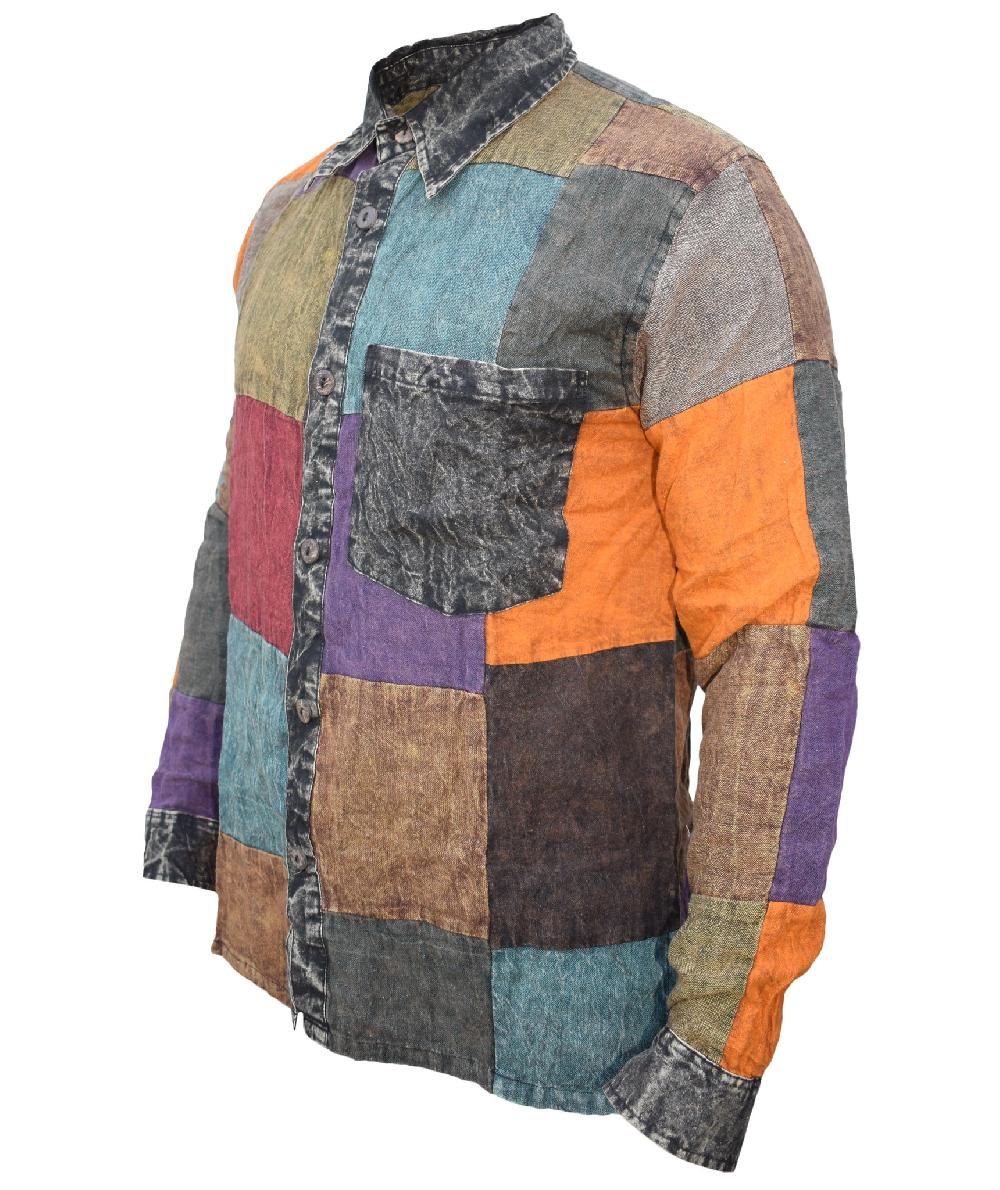 Gheri Long Sleeve Hippy Collar Shirt Plain Patchwork Multicolor