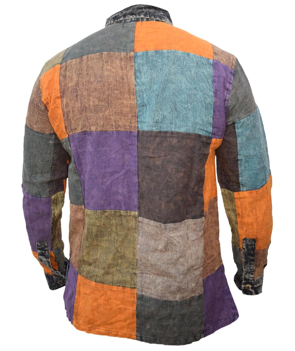 Gheri Long Sleeve Hippy Collar Shirt Plain Patchwork Multicolor
