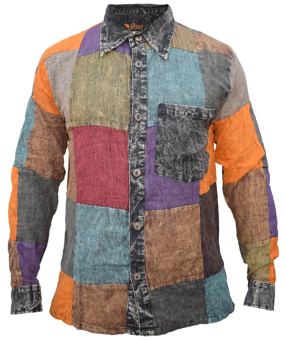 gheri Long Sleeve Hippy Collar Shirt Plain Patchwork Multicolor
