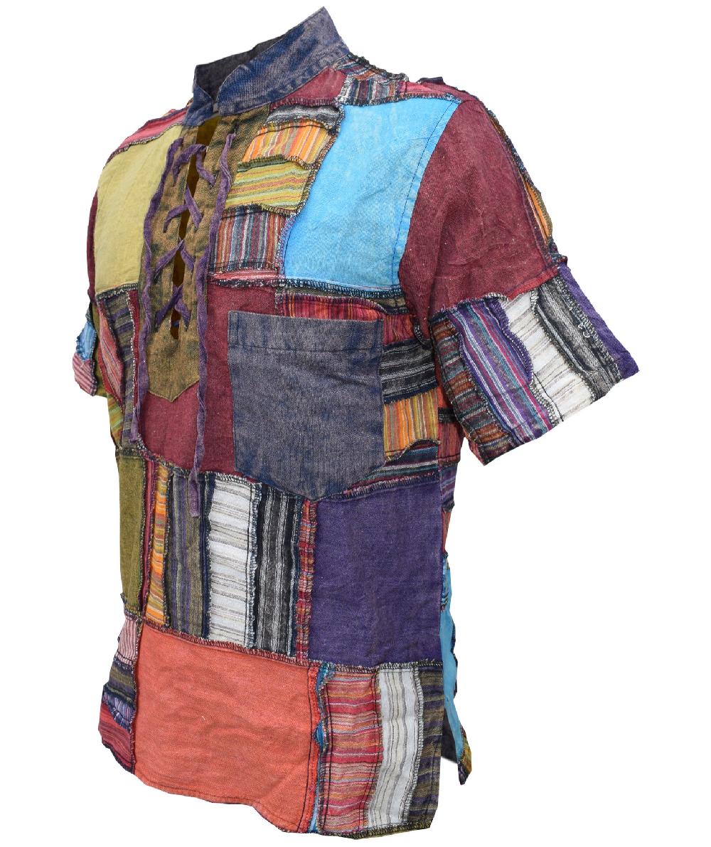 Gheri Overlock Patchwork Lace Up Cotton Grandad Half Sleeve Shirt