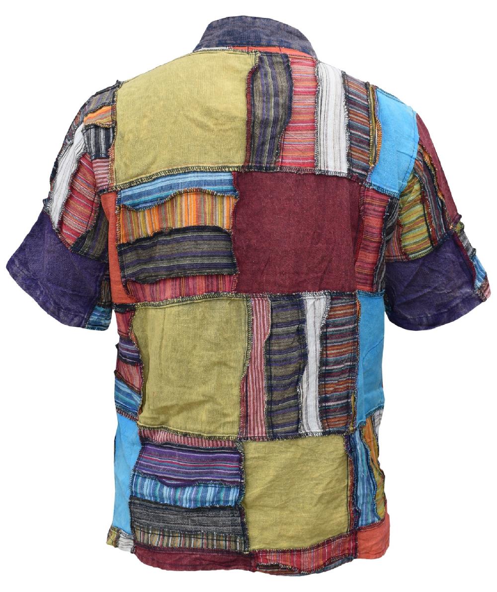 Gheri Overlock Patchwork Lace Up Cotton Grandad Half Sleeve Shirt