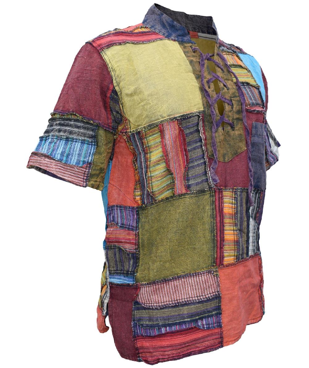 Gheri Overlock Patchwork Lace Up Cotton Grandad Half Sleeve Shirt