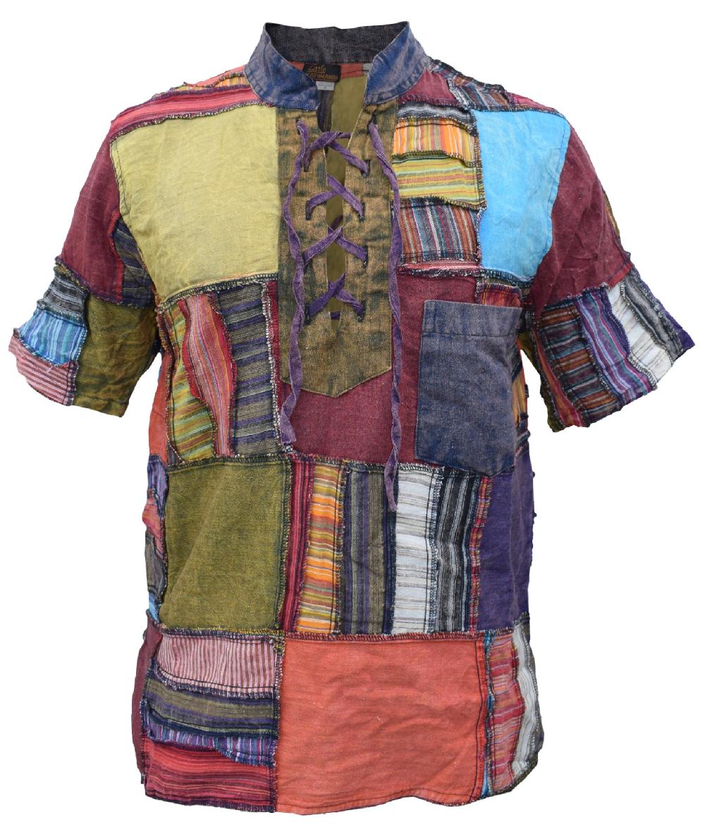 gheri Overlock Patchwork Lace Up Cotton Grandad Half Sleeve Shirt