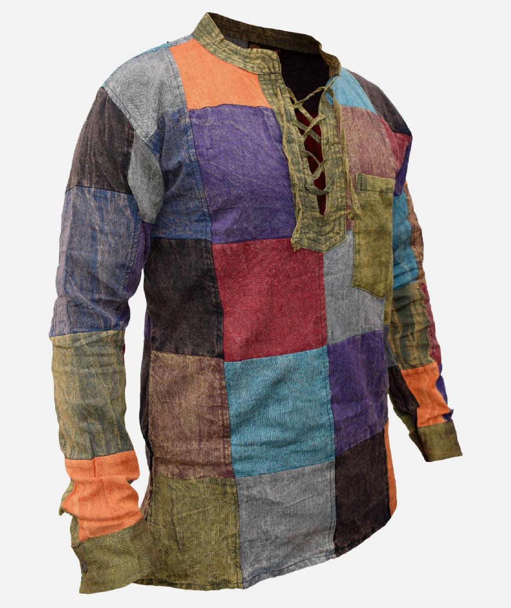 Gheri Patchwork Lace Up Grandad Stone Washed Shirt Plain Patch