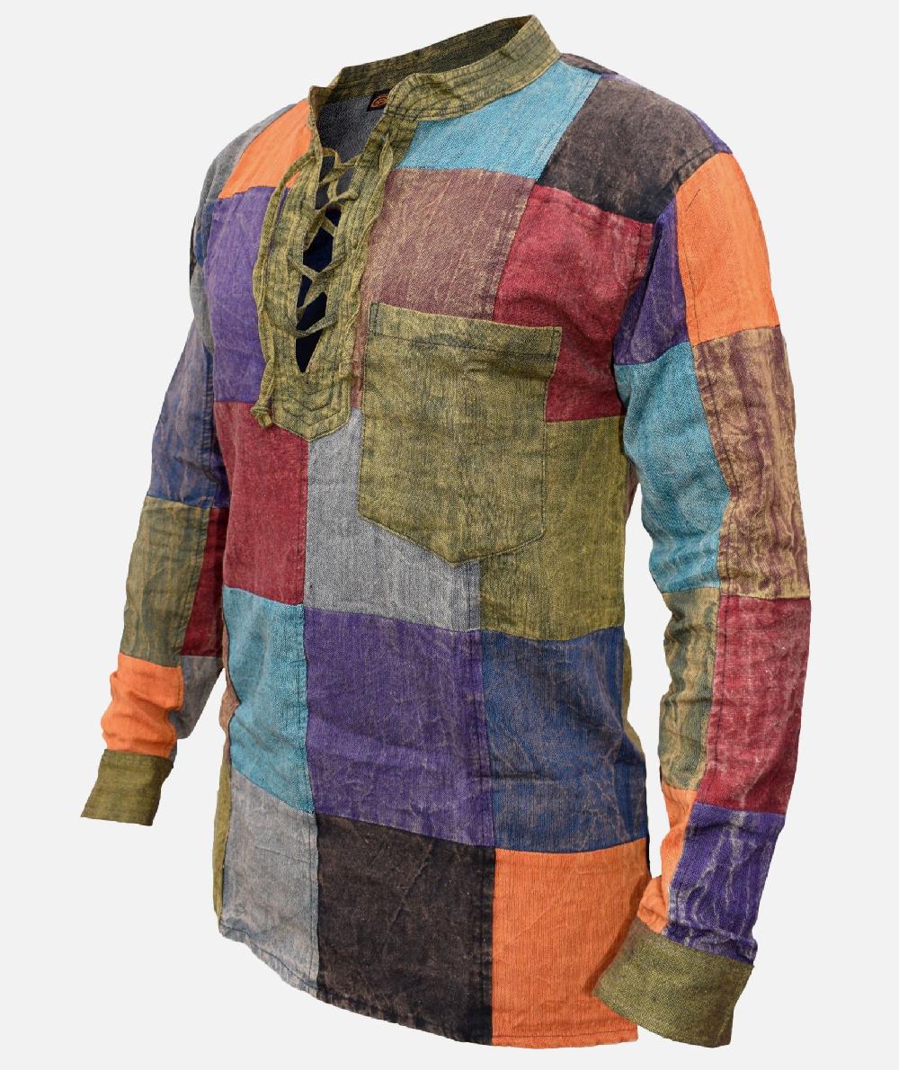 Gheri Patchwork Lace Up Grandad Stone Washed Shirt Plain Patch