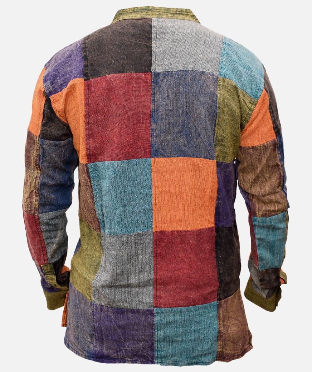 Gheri Patchwork Lace Up Grandad Stone Washed Shirt Plain Patch