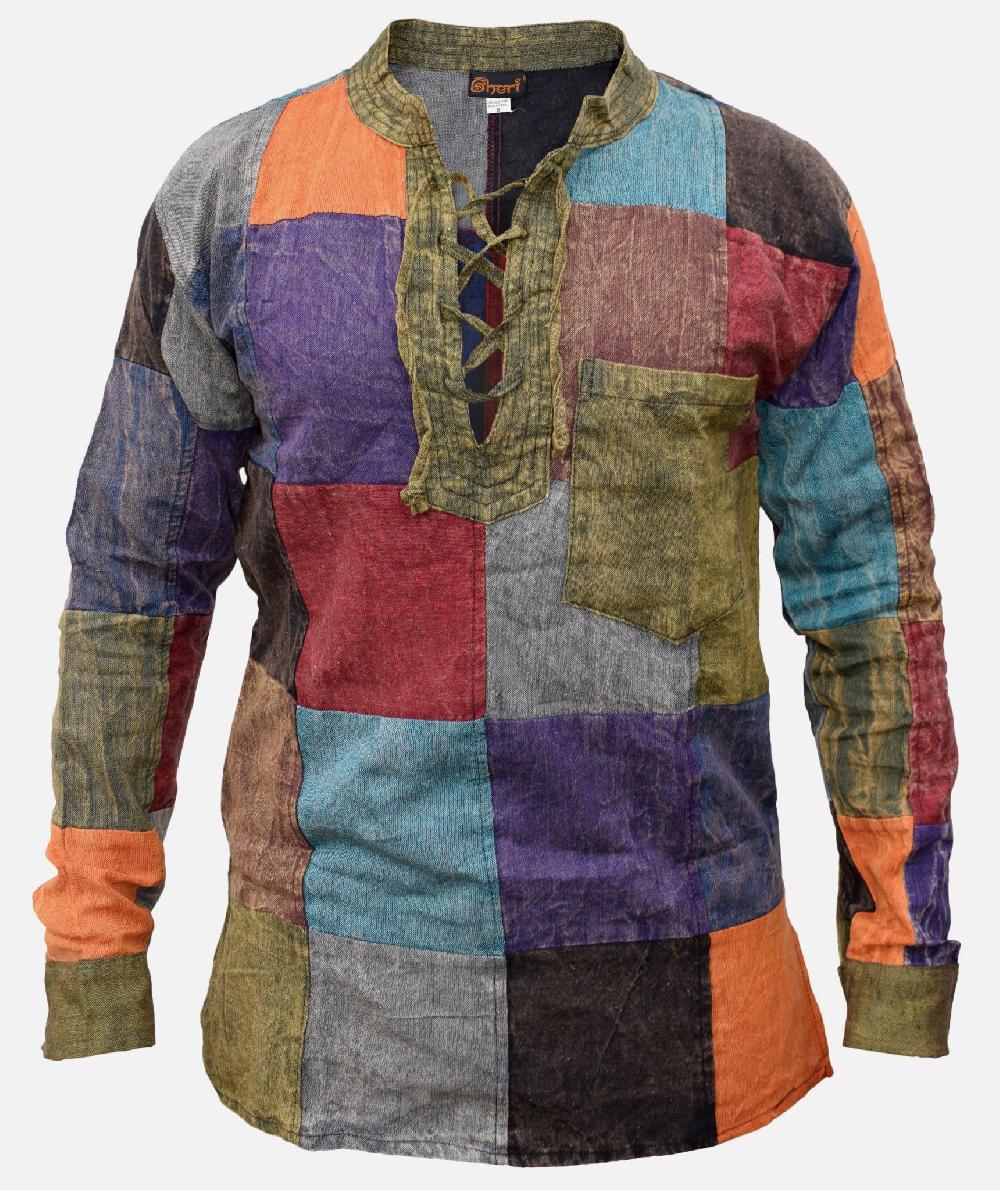 gheri Patchwork Lace Up Grandad Stone Washed Shirt plain patch