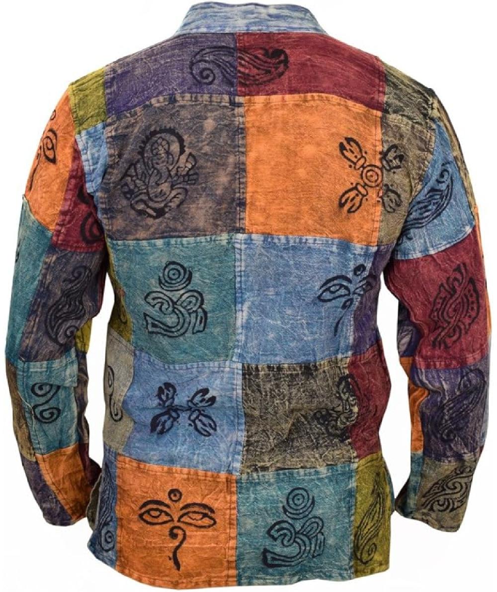 Gheri Patchwork Printed Symbols Casual Grandad Shirt Stone Washed